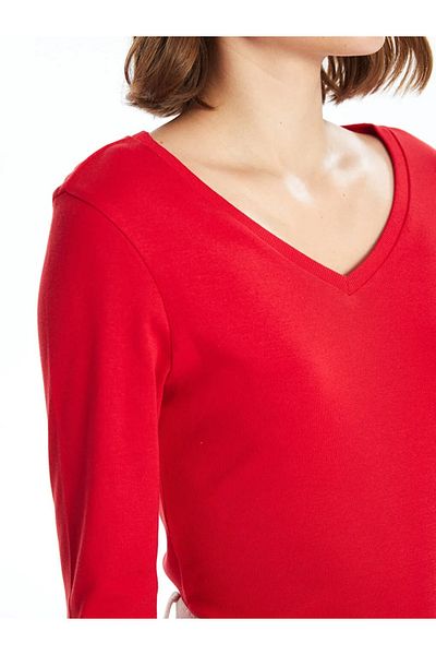 LC Waikiki Lcwaikiki Basic Red V-Neck Solid Long Sleeve Women's T-Shirt