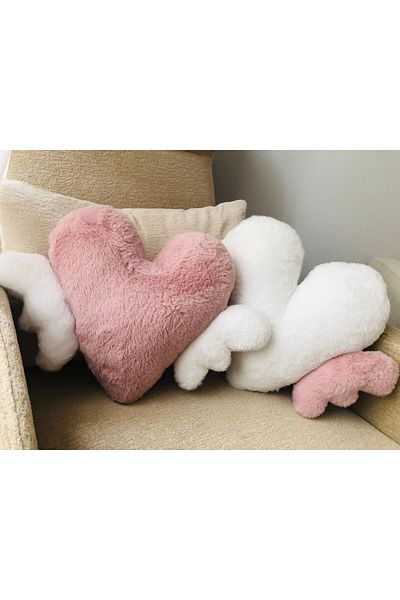 ONTİC Pair White and Pink Decorative Plush Pillow - Throw Pillow Sleeping Companion Set with Hearts and Wings
