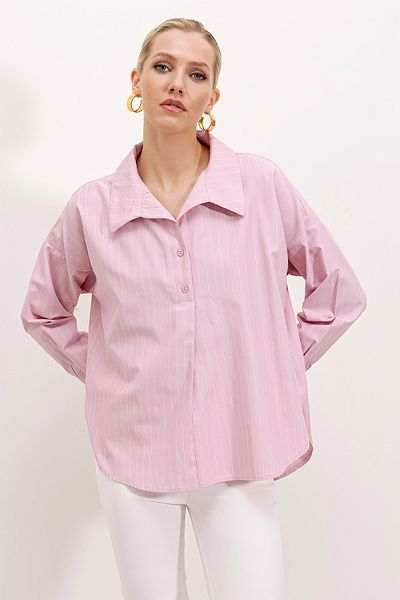 Bigdart 20215 Wide Cut Striped Oversize Shirt - Pink