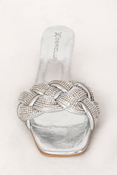 Dericlub Γυναικείες παντόφλες με λεπτομέρεια από πέτρα - Χαμηλό τακούνι, πραγματικό δέρμα Zy 7583 Lame