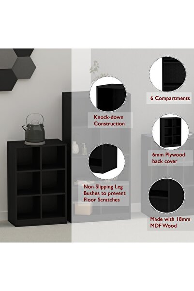 Mahmayi Wooden Display Shelves with 6 Storage Compartment, Freestanding, Black