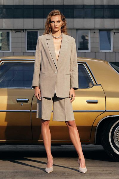 Setre Dark Beige Stripe Detailed Oversize Buttoned Long Sleeve Jacket