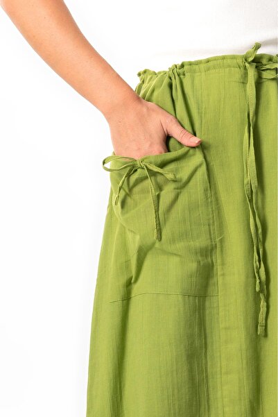 Eliş Şile Bezi Gökşen Midi Length Summer Authentic Skirt - with Voile Lacing and Rubber Detail, Pistachio Green Fysl