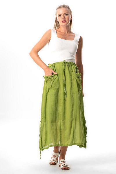 Eliş Şile Bezi Gökşen Midi Length Summer Authentic Skirt - with Voile Lacing and Rubber Detail, Pistachio Green Fysl