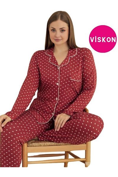 bie's Red Viscose Plus Size Pajama Set - Buttoned Front, Shirt Collar, Long Sleeve
