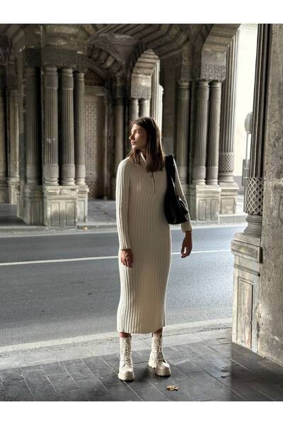 Friday Mood Kadın Krem Önü Fermuarlı Triko Midi Elbise