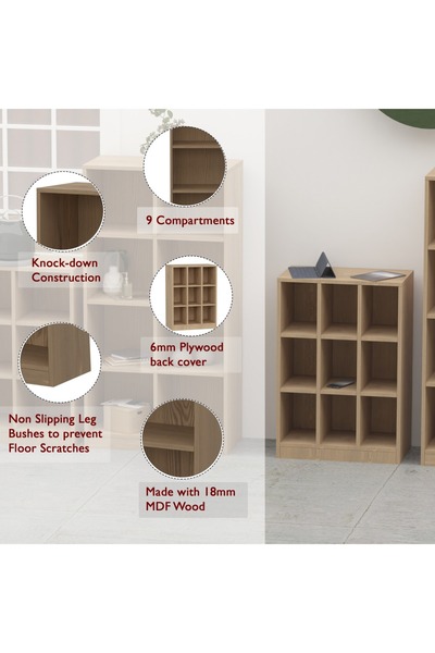 Mahmayi Wooden Display Shelves with 9 Storage Compartment, Freestanding, Light Imperia