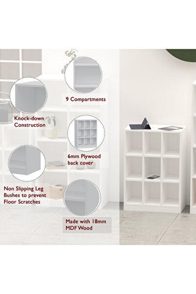 Mahmayi Wooden Display Shelves with 9 Storage Compartment, Freestanding, White