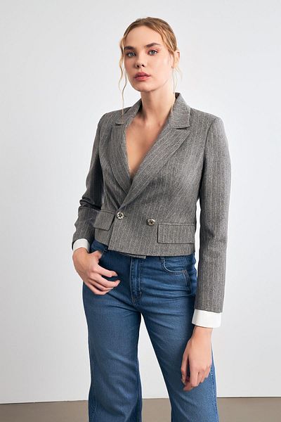 Setre Gray Striped Short Jacket with Asymmetric Collar and Sleeve Detail