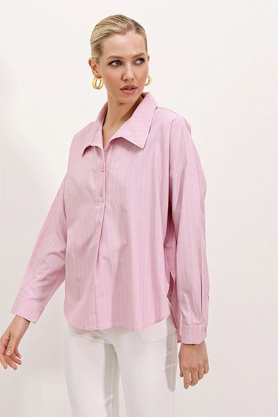 Bigdart 20215 Wide Cut Striped Oversize Shirt - Pink