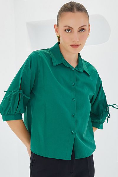 Bigdart Γυναικείο Smaragd Green Crop πουκάμισο με λεπτομέρεια στο μανίκι 20246