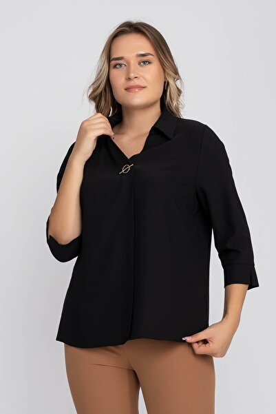 AYHAN 81592 Μπλούζα κρεπ μεγάλου μεγέθους με καρφίτσα τριών τετάρτων