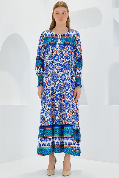 Bigdart Langes Viskosekleid 1947 von Saks in Blau mit Muster für Damen