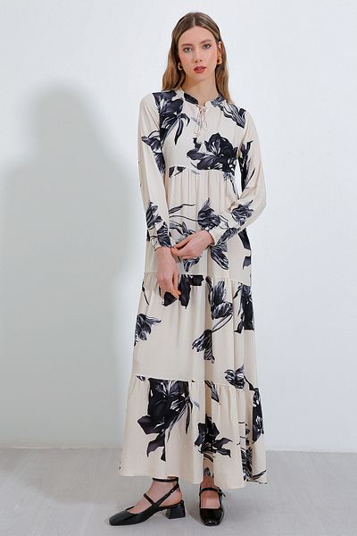 Bigdart Cream Black Viscose Hijab Dress - Lace-up Collar, Boydandan 1627