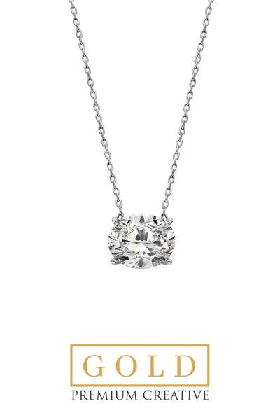 So CHIC... 14 Ayar Beyaz Altın Sertifikalı Premium Created Taşlı 42 Cm Oval Tektaş Kolye