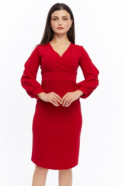 ESPOİRPLUS Red Color Crepe Fabric Long Sleeve Double Breasted Collar Dress
