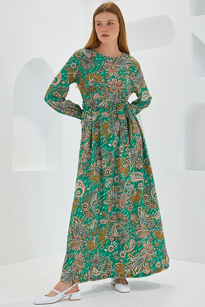 Bigdart Women's Green Floral Patterned Knitted Hijab Dress 1525