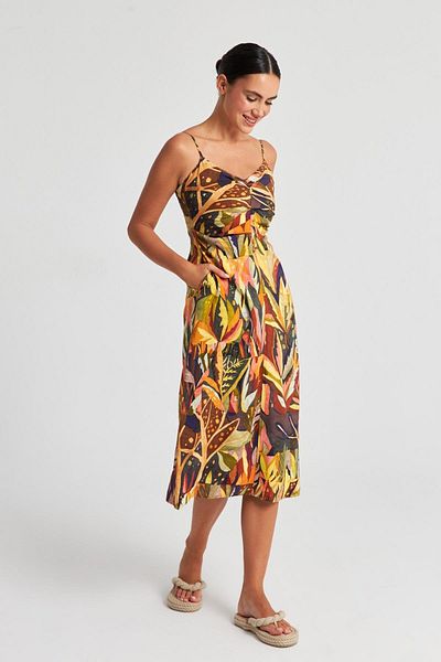 Setre Khaki V-Neck Slim Fit Strap Midi Length Dress with Drawstring Detail at the Waist