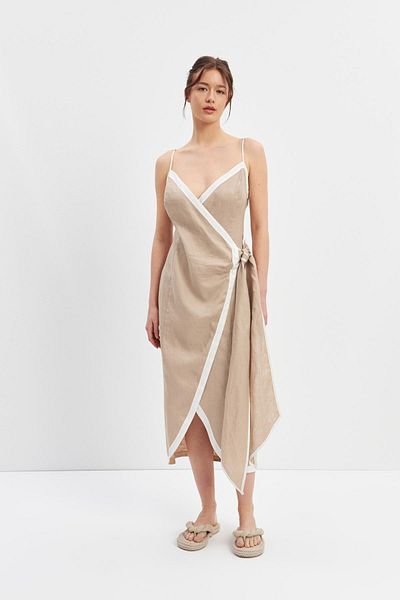 Setre Asymmetrical Lapel Midi Length Dress with Beige-ecru Linen Side Tie Stripe Detail