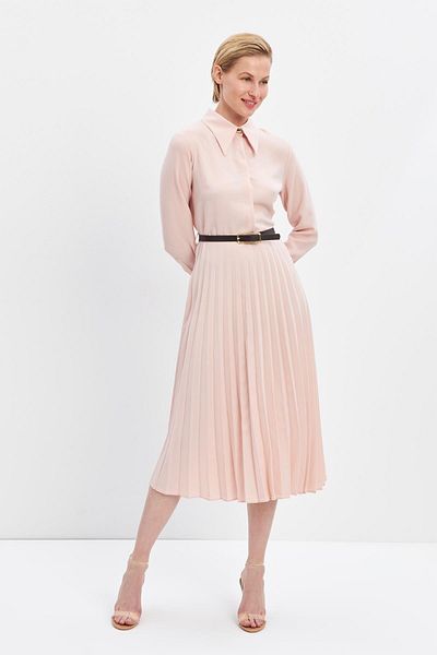 Setre Powder Shirt Collar Pleat Detailed Belted Midi Dress