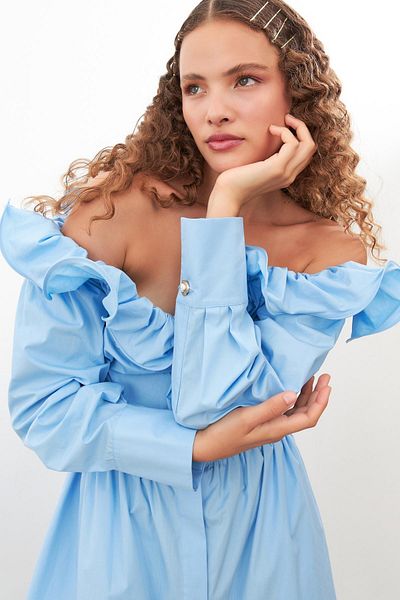Setre Blue Off-Shoulder Belt Detailed Buttoned Dress