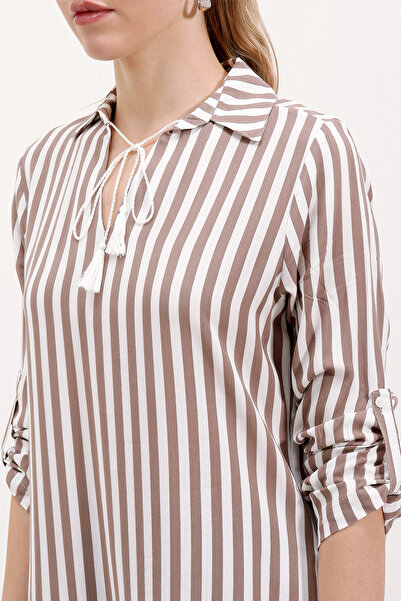 Bigdart Mink 5613 Model Collar Lace Up Striped Tunic