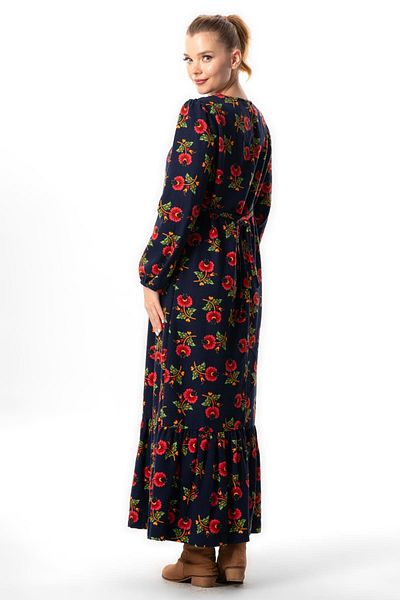 Eliş Şile Bezi Navy Blue Lcvt - Φθινοπωρινό και Χειμερινό μακρύ φόρεμα με στάμπα κρίνος