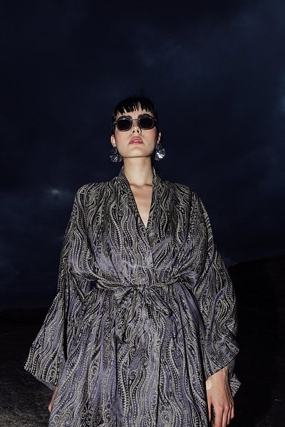 Olcay Navy Blue Silk Patterned Kimono Set - 9251-Tk