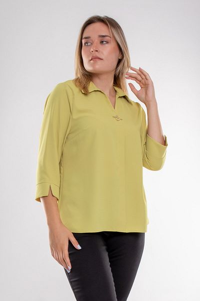 AYHAN 81592 Large Size Crepe Blouse with Three Quarter Sleeve Brooch