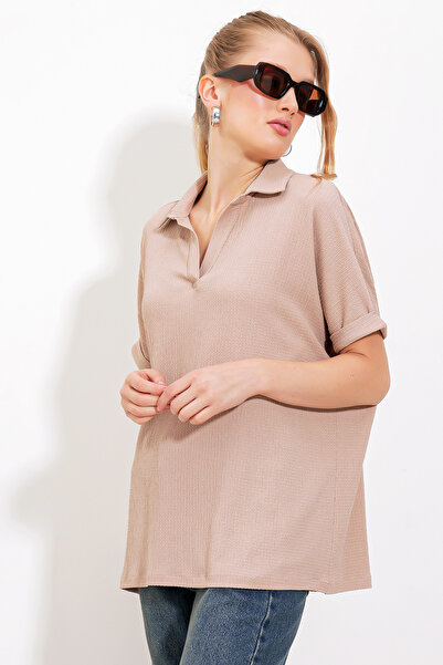Bigdart Knitted Biscuit Polo Neck Women's Blouse - Oversize 0486