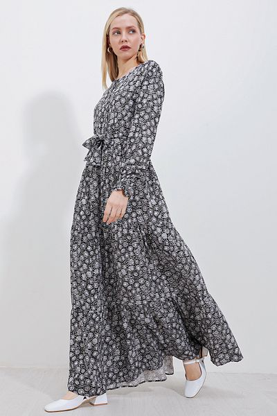 Bigdart 2374 Patterned Long Viscose Dress - Black
