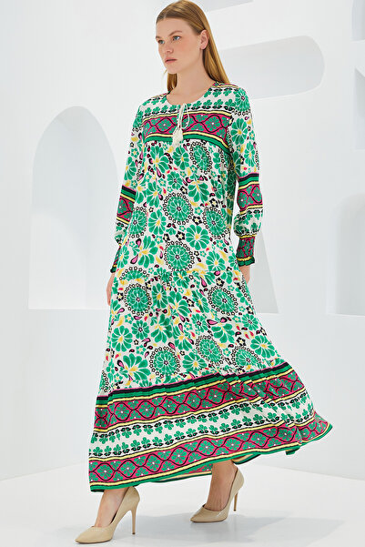 Bigdart Zielona Czerwona Wzorzysta Wiskoza Długa Sukienka Damska - 1947