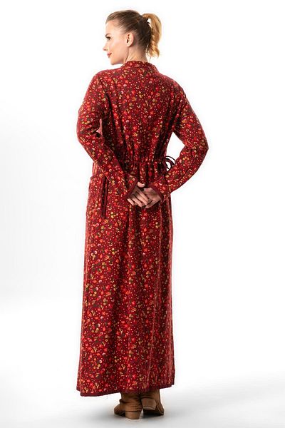 Eliş Şile Bezi Star Bud Patterned Long Autumn and Winter Dress - Burgundy Brd