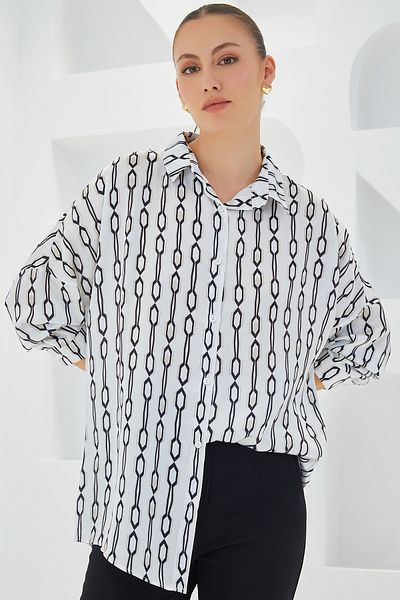 Bigdart Cămașă oversize din satin cu model alb-negru pentru femei 3985