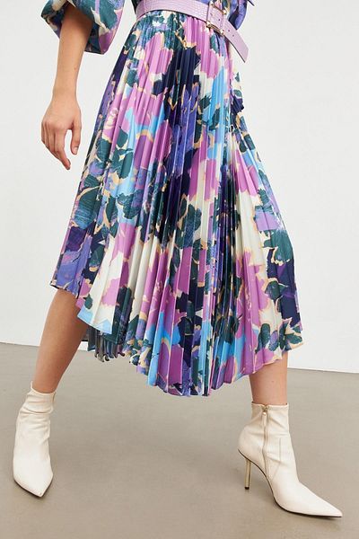 Setre Lilac V Neck Tie Detail on Collar Patterned Three Quarter Balloon Sleeve Pleated Ready Belt Midi Length