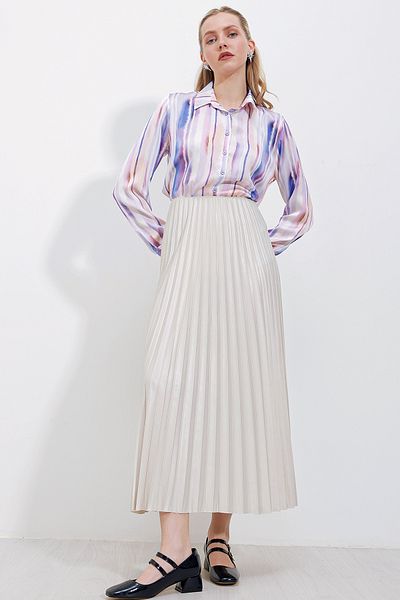 Bigdart 8009 Leather Look Pleated Skirt - Cream