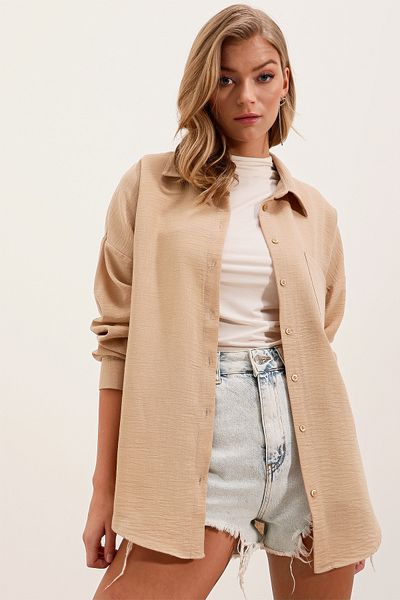 Bigdart 20153 Single Pocket Oversize Linen Shirt - A.beige