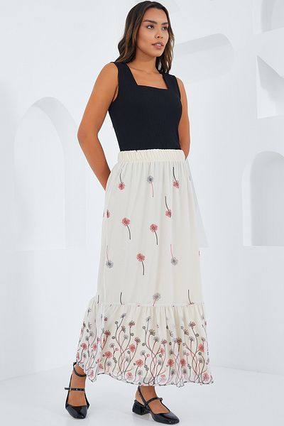 Bigdart Ecru gemusterter Chiffonrock für Damen 8010