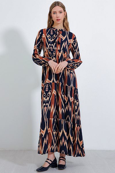Bigdart Navy Blue Tile Collar Lace-Up Viscose Dress 1627 - Women