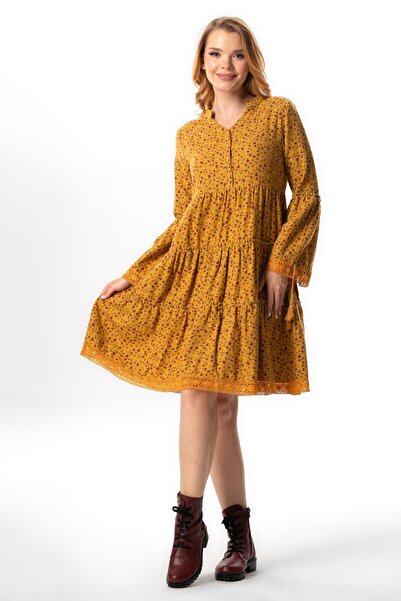 Eliş Şile Bezi Rochie de flanel cu mâneci lungi cu imprimeu crocant de culoare muștar - toamnă și iarnă