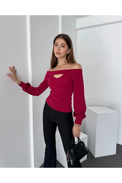 Fav Style Bluză de damă, cu mânecă lungă, decupată, cu gât de barcă, roșu claret