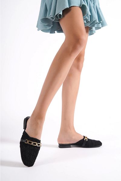 Moda Değirmeni Papuci de damă din dantelă neagră cu cataramă din dantelă