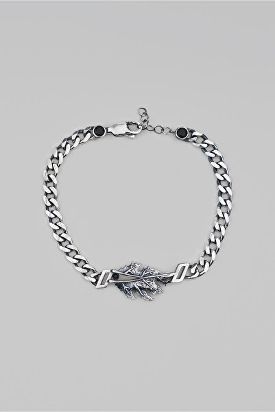 So CHIC... Yaprak Figürlü Taş Detaylı Gümüş Erkek Bileklik