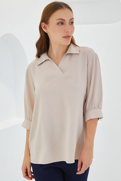 Bigdart Cremefarbene Satinbluse mit Hemdkragen für Damen 0493