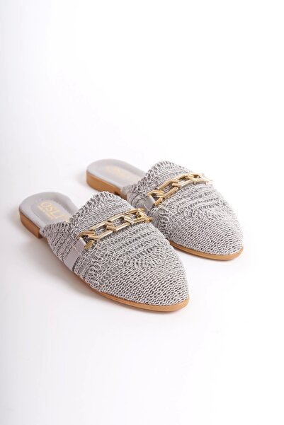 Moda Değirmeni Gray Lace Women's Buckle Slippers