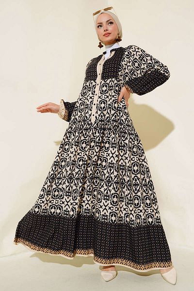 Bigdart Schwarzes, cremefarbenes gemustertes Viskose-Hijab-Kleid für Damen 2423