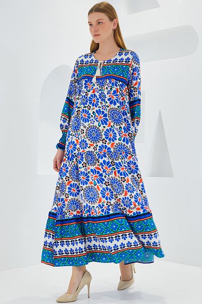 Bigdart Langes Viskosekleid 1947 von Saks in Blau mit Muster für Damen