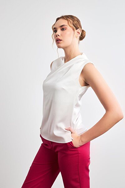 Setre Bluză cu mânecă scurtă ecru cu guler asimetric