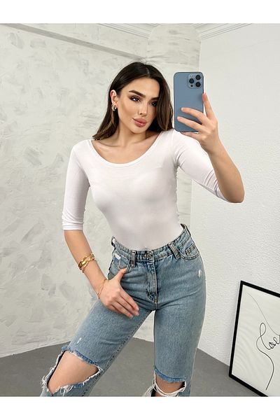 modavingo Women's White Elbow Sleeve Princess Collar Body