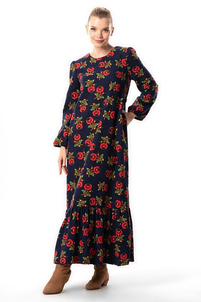 Eliş Şile Bezi Navy Blue Lcvt - Φθινοπωρινό και Χειμερινό μακρύ φόρεμα με στάμπα κρίνος